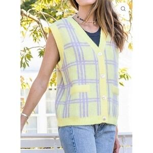 En Creme Plaid Pastel Sweater Vest Small‎ Medium Yellow Purple Preppy Retro 90s